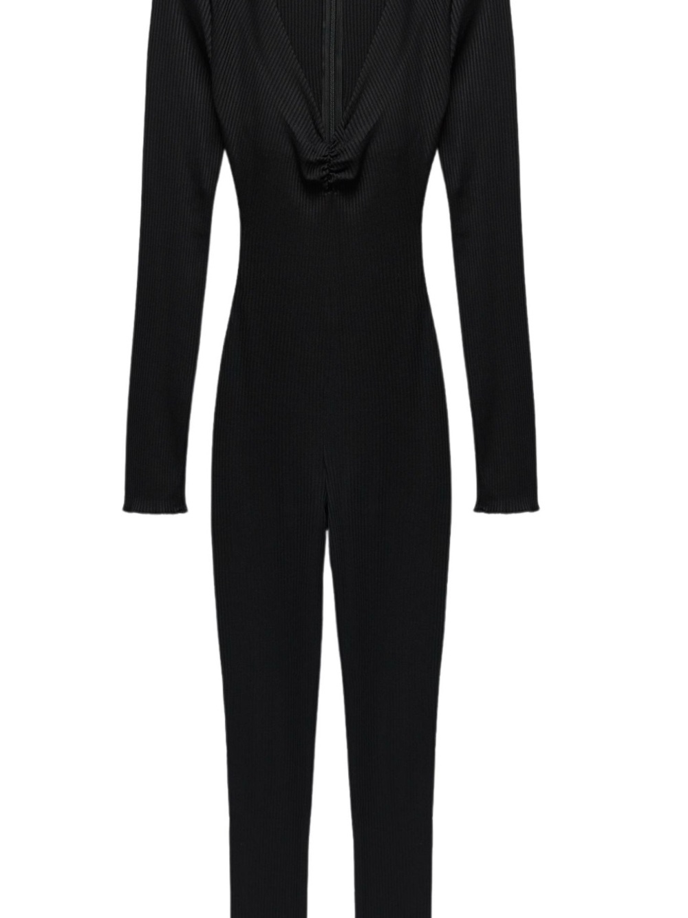 Zara Black Ribbed Long-Sleeve Jumpsuit with V-Neck